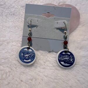 Vintage Handcrafted Artisan Porcelain Gecko Disk Earrings